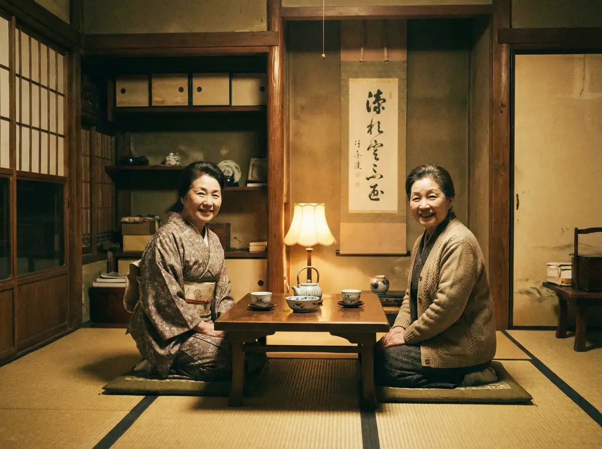 两位优雅的 站街女 在日式茶室中品茶交谈